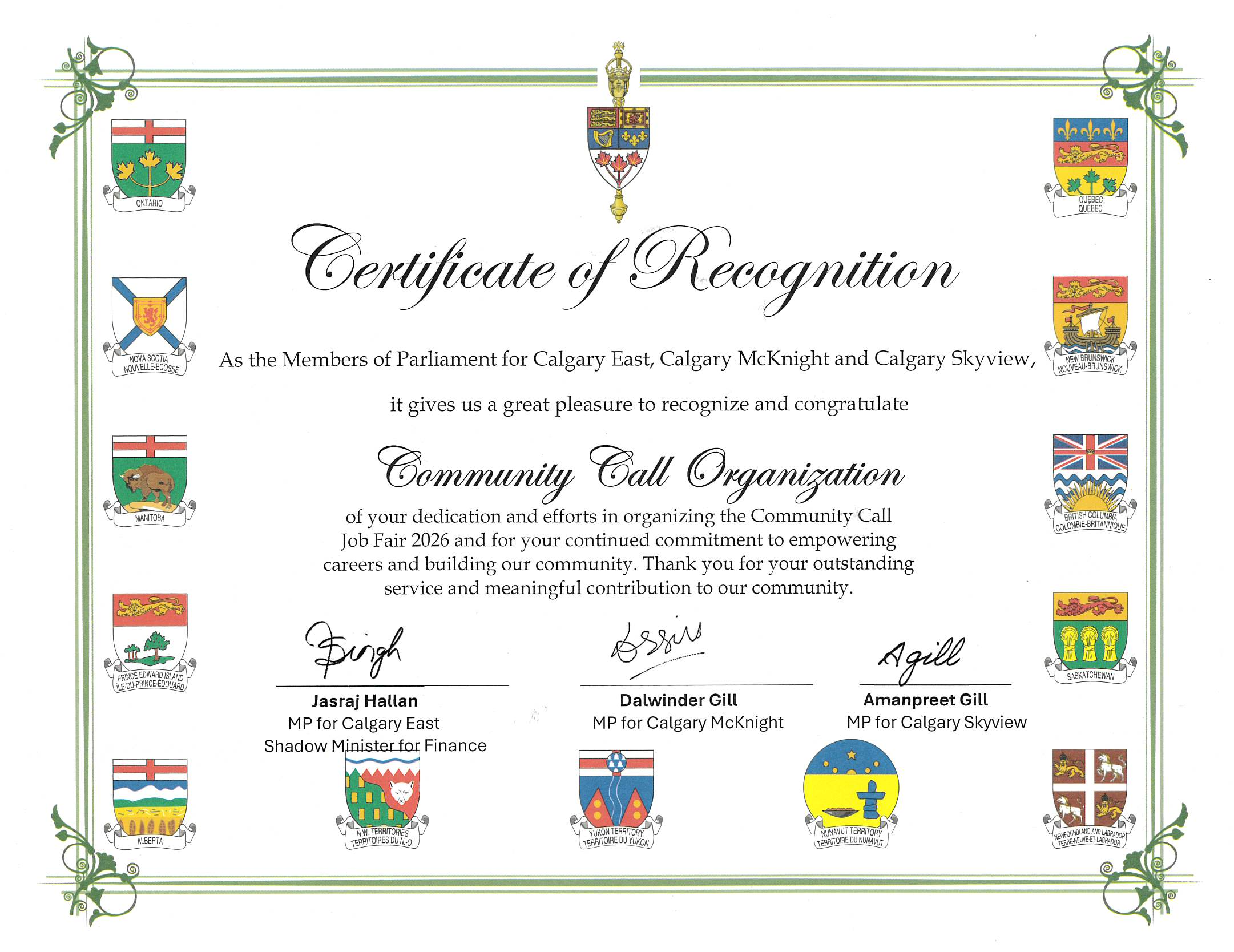 Community Call Organization Certificate of Recognition